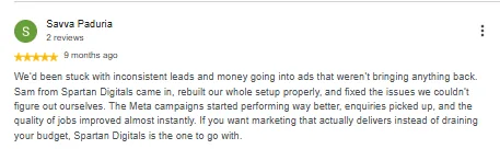Google review of Spartan Digitals by Savva Paduria